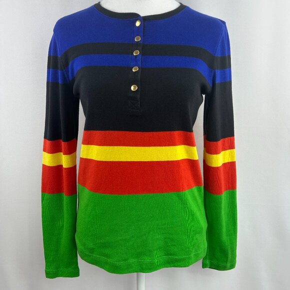 Lauren Ralph Lauren Preppy Multicolor Striped Cotton Sweater – Women's Large - Picture 1 of 9